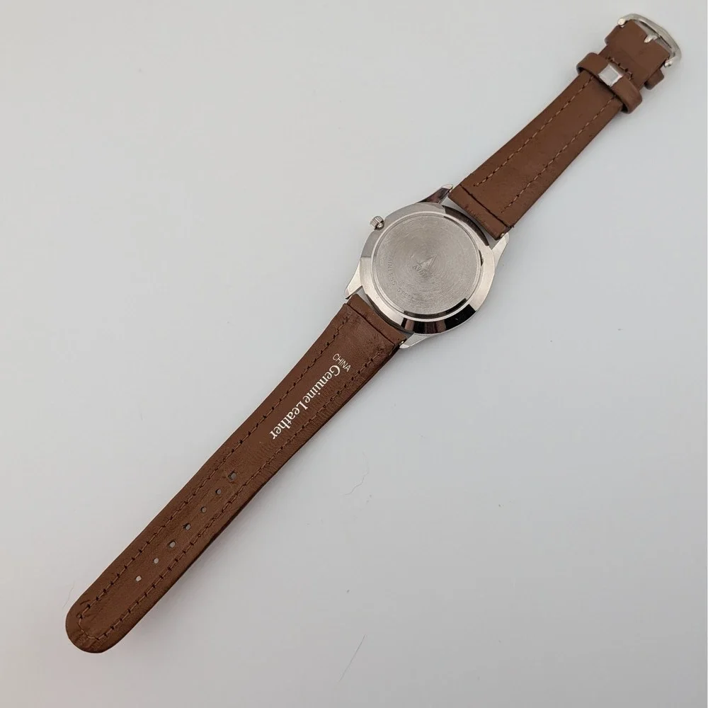 Avon Y2K Number Bezel Watch Green Markers‎ Brown Leather Strap